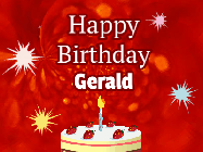 Happy Birthday Gerald GIF: A bright red happy birthday gif animated with a cake candle, and glitter and sparkles. Customize with name.