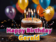 Happy Birthday Gerald GIF: A birthday cake with flickering candles gif with text reading Happy Birthday and a Name slot to customize