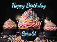Happy Birthday Gerald GIF: A delicious cupcake gif with animated sparkles reading Happy Birthday with a name to customize