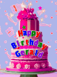 Happy Birthday Gerald GIF: A big beautiful birthday cake gif with falling confetti, sparklers, and balloons, reads Happy Birthday Name. Customize it.