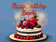Happy Birthday Gerald GIF: Animated GIF of a birthday cake covered in berries with 2 sparklers and a candle, reads Happy Birthday Name. Customize it.