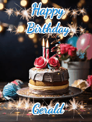 Happy Birthday Gerald GIF: Sparkles and glitter happy birthday gif with a cake and flickering candles and sparklers behind the words happy birthday customize