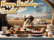 Happy Birthday Gerald GIF: Animated birthday gif with a dog at a fancy birthday table loaded with cakes as hearts appear. It reads Happy Birthday Customize.