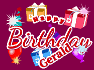 Happy Birthday Gerald GIF: Happy birthday gif with banner and name to customize, red, balloons, sparkles, and party hats.