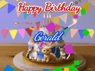 Happy Birthday Gerald GIF: Happy Birthday Cake GIF with a cat, lamb, and squirrel on the cake with flickering candles, a sparkler, and falling confetti. Reads Happy Birthday Name and you can customize the name