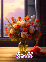 Happy Birthday Gerald GIF: A vase of flowers and animated hearts pop in and out as the words Happy Birthday Name appears that you can customize
