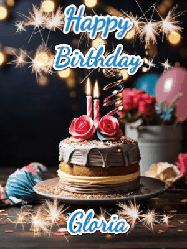 Happy Birthday Gloria GIF: Sparkles and glitter happy birthday gif with a cake and flickering candles and sparklers behind the words happy birthday customize
