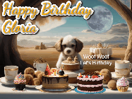 Happy Birthday Gloria GIF: Animated birthday gif with a dog at a fancy birthday table loaded with cakes as hearts appear. It reads Happy Birthday Customize.
