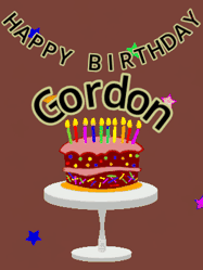 Happy Birthday Gordon GIF: Animated birthday gif of a chocolate cartoon cake and stars. Animated text can be customized with name.