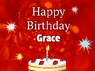 Happy Birthday Grace GIF: A bright red happy birthday gif animated with a cake candle, and glitter and sparkles. Customize with name.