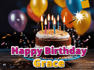 Happy Birthday Grace GIF: A birthday cake with flickering candles gif with text reading Happy Birthday and a Name slot to customize