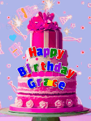 Happy Birthday Grace GIF: A big beautiful birthday cake gif with falling confetti, sparklers, and balloons, reads Happy Birthday Name. Customize it.
