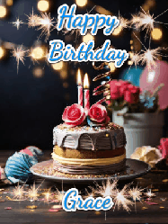 Happy Birthday Grace GIF: Sparkles and glitter happy birthday gif with a cake and flickering candles and sparklers behind the words happy birthday customize