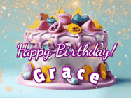 Happy Birthday Grace GIF: A beautiful birthday cake gif with animated sparkles and glitter Happy Birthday Name you can customize