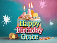 Happy Birthday Grace GIF: A colorful animated Happy Birthday Cake GIF with swirling sparkles and flickering candles. It reads Happy Birthday Name