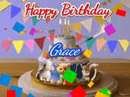Happy Birthday Grace GIF: Happy Birthday Cake GIF with a cat, lamb, and squirrel on the cake with flickering candles, a sparkler, and falling confetti. Reads Happy Birthday Name and you can customize the name