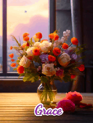 Happy Birthday Grace GIF: A vase of flowers and animated hearts pop in and out as the words Happy Birthday Name appears that you can customize