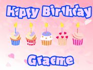 Happy Birthday Graeme GIF: Pink animated birthday gif with 5 cupcakes and candles and animated text you can customize with name.