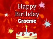 Happy Birthday Graeme GIF: A bright red happy birthday gif animated with a cake candle, and glitter and sparkles. Customize with name.