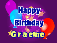 Happy Birthday Graeme GIF: A lovely purple birthday gif animated with moving text, a balloon, and bubbles. Customize it.