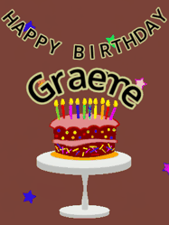 Happy Birthday Graeme GIF: Animated birthday gif of a chocolate cartoon cake and stars. Animated text can be customized with name.