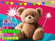 Happy Birthday Graeme GIF: A cute birthday teddy bear animated birthday gif with the bear holding sparklers and text to customize.