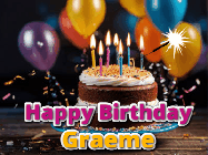 Happy Birthday Graeme GIF: A birthday cake with flickering candles gif with text reading Happy Birthday and a Name slot to customize