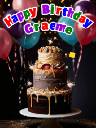 Happy Birthday Graeme GIF: Beautiful birthday cake animated gif, a celebration of balloons, confetti, and sparklers. Customize banner and name.