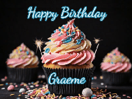 Happy Birthday Graeme GIF: A delicious cupcake gif with animated sparkles reading Happy Birthday with a name to customize