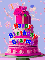 Happy Birthday Graeme GIF: A big beautiful birthday cake gif with falling confetti, sparklers, and balloons, reads Happy Birthday Name. Customize it.