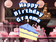 Happy Birthday Graeme GIF: A cake shop background with a slice of cake and animated candle reading Happy Birthday Customize.