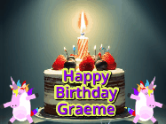 Happy Birthday Graeme GIF: An animated gif with 2 unicorns and a birthday candle on a cake.