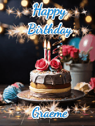 Happy Birthday Graeme GIF: Sparkles and glitter happy birthday gif with a cake and flickering candles and sparklers behind the words happy birthday customize