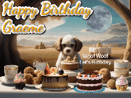 Happy Birthday Graeme GIF: Animated birthday gif with a dog at a fancy birthday table loaded with cakes as hearts appear. It reads Happy Birthday Customize.