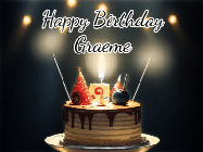 Happy Birthday Graeme GIF: Animated birthday cake gif with sparklers on a dark background. Personalize up to 3 lines of text.