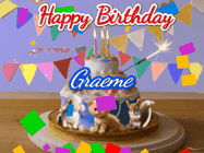 Happy Birthday Graeme GIF: Happy Birthday Cake GIF with a cat, lamb, and squirrel on the cake with flickering candles, a sparkler, and falling confetti. Reads Happy Birthday Name and you can customize the name