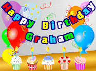 Happy Birthday Graham GIF: Animated happy birthday gif with a party balloon background, a row of cupcakes, and birthday banner to customize.