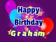 Happy Birthday Graham GIF: A lovely purple birthday gif animated with moving text, a balloon, and bubbles. Customize it.