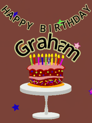 Happy Birthday Graham GIF: Animated birthday gif of a chocolate cartoon cake and stars. Animated text can be customized with name.