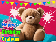 Happy Birthday Graham GIF: A cute birthday teddy bear animated birthday gif with the bear holding sparklers and text to customize.