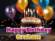 Happy Birthday Graham GIF: A birthday cake with flickering candles gif with text reading Happy Birthday and a Name slot to customize