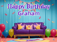Happy Birthday Graham GIF: Animated gif happy birthday with 3 rings of fireworks in front of a party room sofa. Customize it.