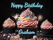 Happy Birthday Graham GIF: A delicious cupcake gif with animated sparkles reading Happy Birthday with a name to customize