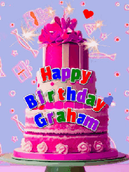 Happy Birthday Graham GIF: A big beautiful birthday cake gif with falling confetti, sparklers, and balloons, reads Happy Birthday Name. Customize it.