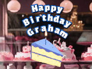 Happy Birthday Graham GIF: A cake shop background with a slice of cake and animated candle reading Happy Birthday Customize.