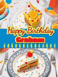 Happy Birthday Graham GIF: Happy Birthday GIF showing a birthday cake place setting with a row of candles under a 2 line banner to customize.