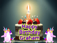 Happy Birthday Graham GIF: An animated gif with 2 unicorns and a birthday candle on a cake.