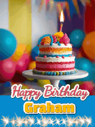 Happy Birthday Graham GIF: A birthday card gif with a cake and candle and a blue ribbon with animated sparklers. Reads Happy Birthday Name