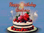 Happy Birthday Graham GIF: Animated GIF of a birthday cake covered in berries with 2 sparklers and a candle, reads Happy Birthday Name. Customize it.
