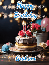 Happy Birthday Graham GIF: Sparkles and glitter happy birthday gif with a cake and flickering candles and sparklers behind the words happy birthday customize